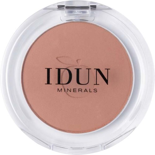 Round blush compact with a tan powder inside and 'IDUN MINERALS' written on it.