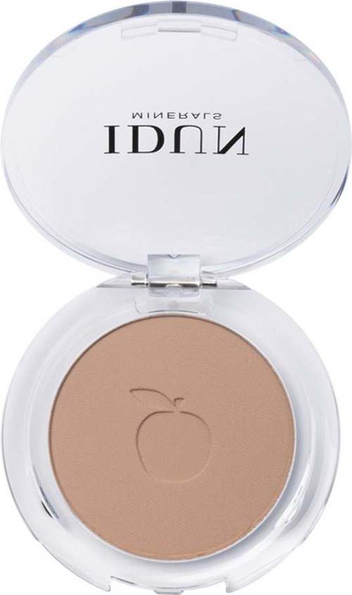 A compact makeup product with a mirror, containing beige powder with an apple icon. The brand name is on the lid.