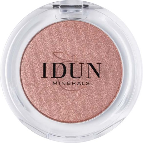 A pink, shimmery eyeshadow in a clear round container with the brand name IDUN Minerals on it.