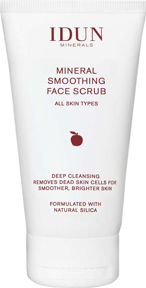 A white tube of face scrub with red text, showing an apple icon, designed for all skin types.