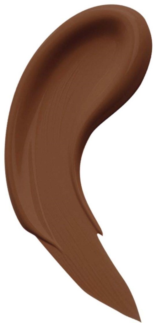 Brown liquid makeup swatch in a curved shape on a white background.