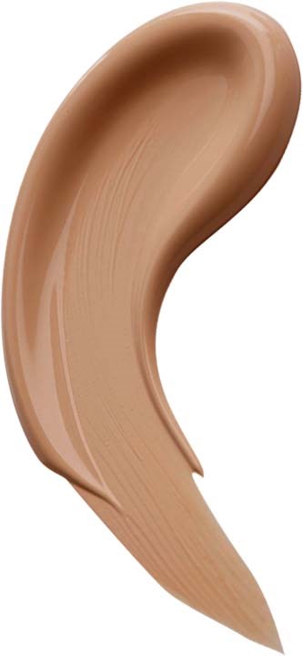 A beige-colored makeup foundation or concealer stroke with a curved shape and textured surface.