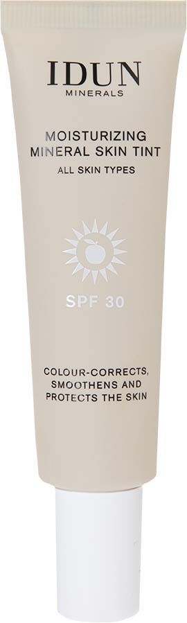 Tube of moisturizing mineral skin tint with SPF 30, suitable for all skin types, protects and smooths skin.