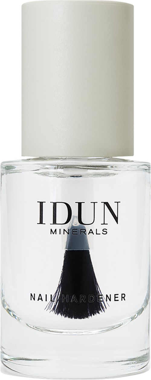 A clear nail hardener with a black brush inside a transparent bottle and a white cap.