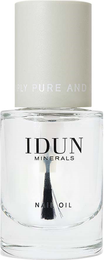 A clear nail oil bottle with a white cap and black brush inside. Simple company name on the bottle. Minimalist design.