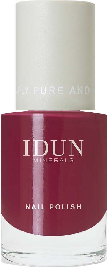 A nail polish bottle with white cap and deep red color label with white text.
