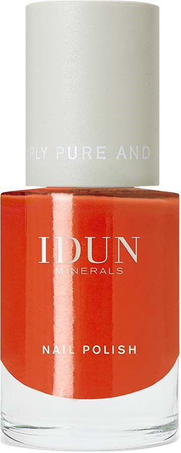 A bottle of orange nail polish with a white cap, labeled 'IDUN Minerals Nail Polish'.