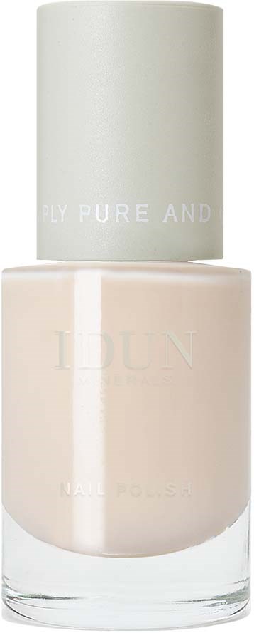 A clean, white nail polish bottle with a rounded cap and minimal text on the label.