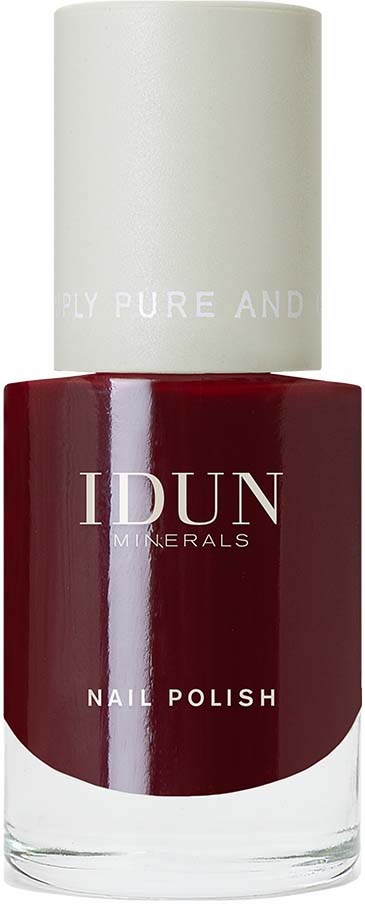 Red nail polish bottle with white cap, labeled 'IDUN Minerals Nail Polish'.