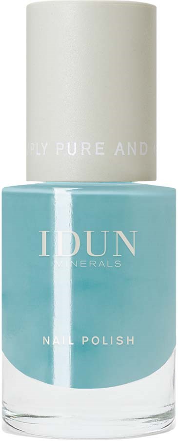 A bottle of blue nail polish with a white cap, labeled 'IDUN' and 'NAIL POLISH'.