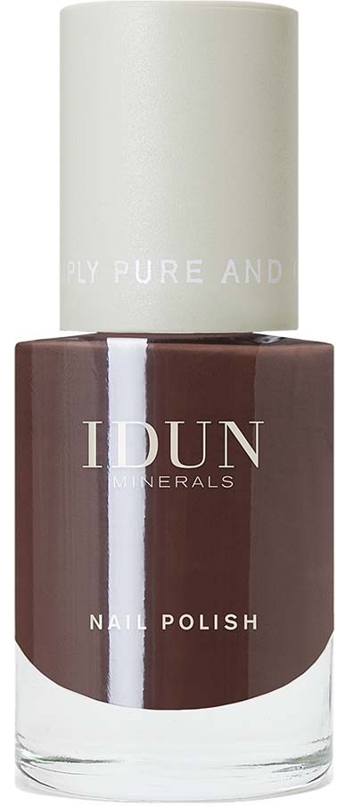 A nail polish bottle with a white cap and brown liquid inside, labeled 'IDUN MINERALS' and 'NAIL POLISH'.