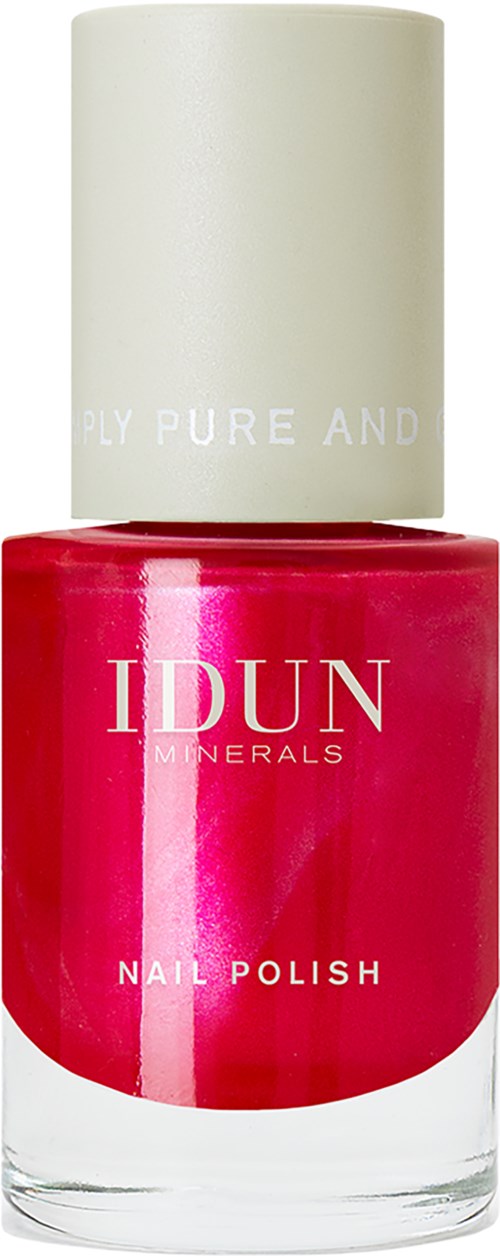 Red nail polish bottle with a white cap and brand name 'IDUN'.