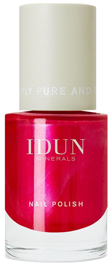 Red nail polish bottle with a white cap and white text. Contains nail polish, branded IDUN Minerals.