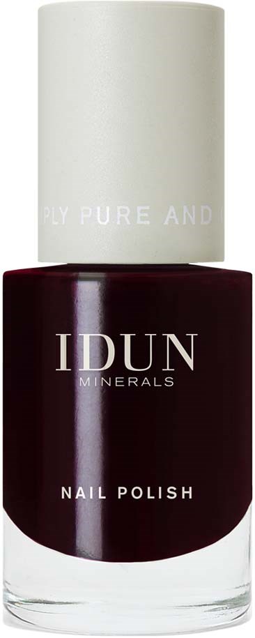 A dark red nail polish bottle with a white cap and the brand name IDUN Minerals on it.
