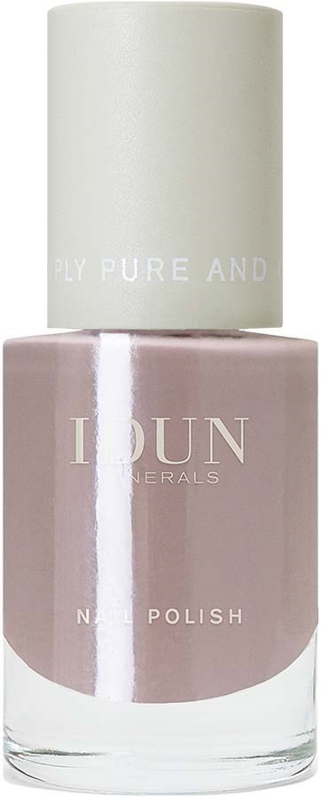 A bottle of nail polish with white cap and pinkish-beige color, labeled 'JOUN Minerals, Nail Polish'.