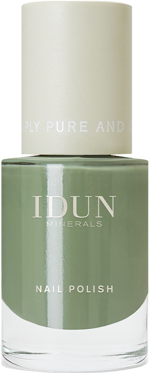 A green nail polish bottle from IDUN MINERALS with a white cap, labeled "NAIL POLISH".