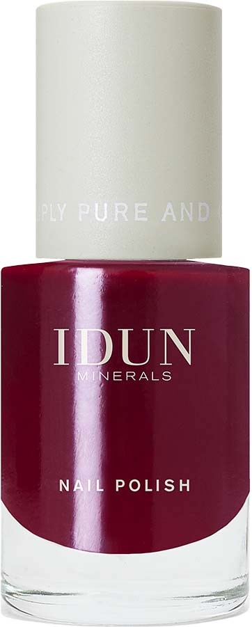 A bottle of red nail polish with a white cap, labeled "IDUN Minerals" and "Nail Polish."
