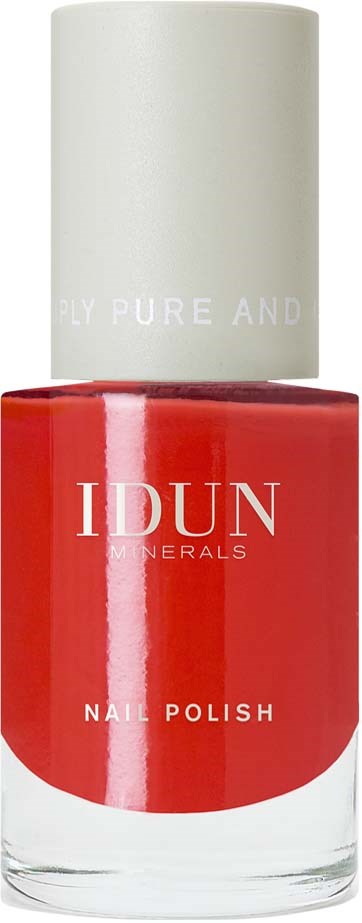 Red nail polish in a clear bottle with a white cap and white text. The brand name is IDUN MINERALS.