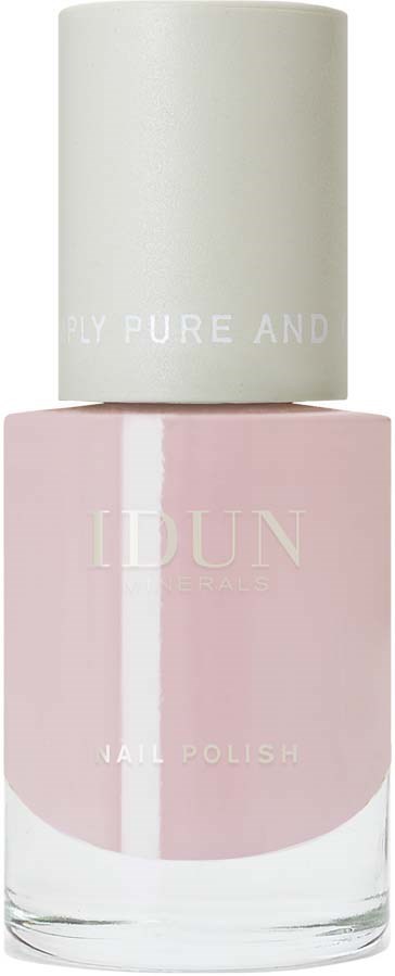 A pink nail polish bottle with a white cap, featuring minimal text and a simple design.