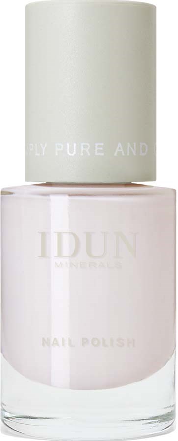 A nail polish bottle with a white cap and light pink polish inside.