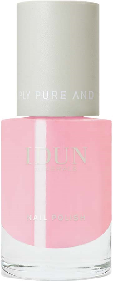 Pink nail polish bottle with a white cap and light text on the label.