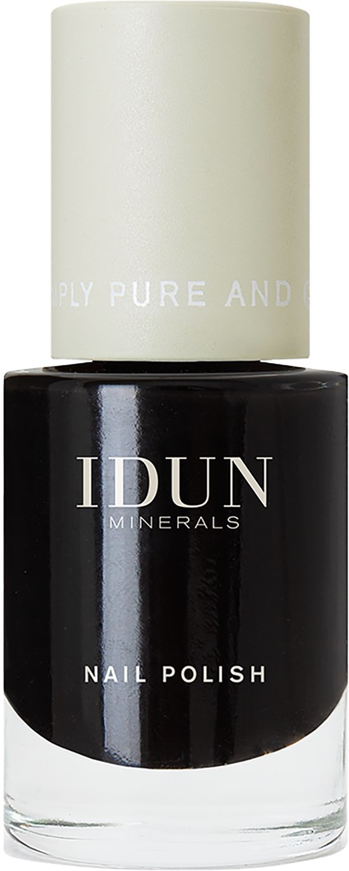 A bottle of nail polish with black color and a white cap, labeled 'IDUN MINERALS' and 'NAIL POLISH.'