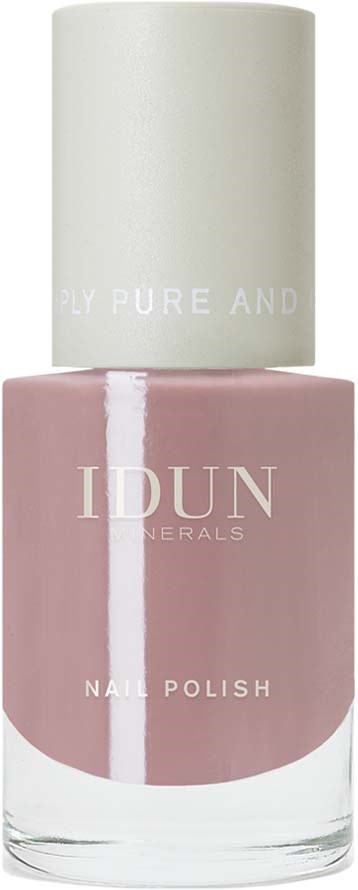 A nail polish bottle with pink color and white label, topped with a white cap, labeled 'IDUN Minarals' and 'Nail Polish.'