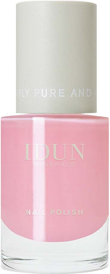 A pink nail polish bottle with a white cap, labeled IDUN. Simple and elegant design. Some text is visible but incomplete.