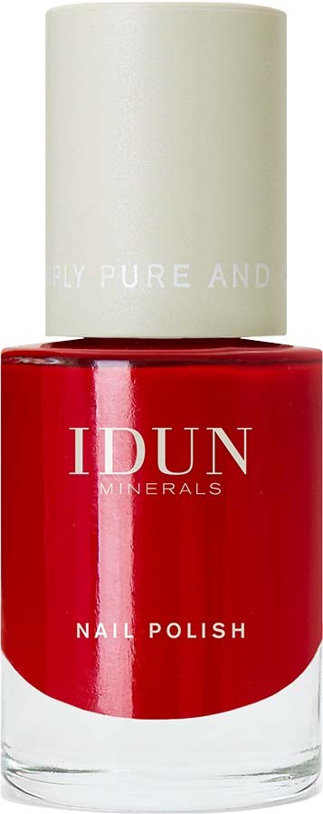 A red nail polish bottle with a white cap, labeled 'IDUN Minerals Nail Polish.'