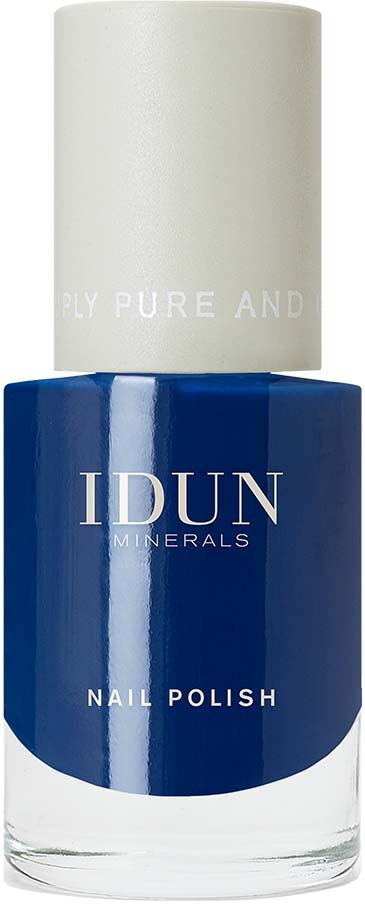 A blue nail polish bottle with white cap, labeled 'IDUN MINERALS' and 'NAIL POLISH.'