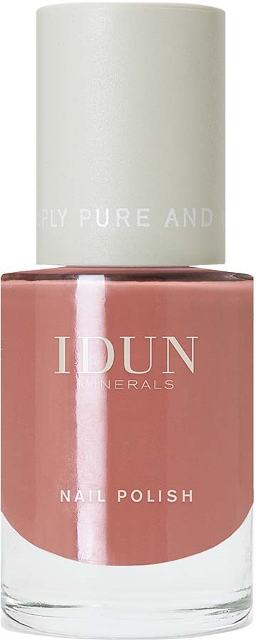 A nail polish bottle with pink color and a white cap, labeled IDUN Minerals. Simple and elegant design.