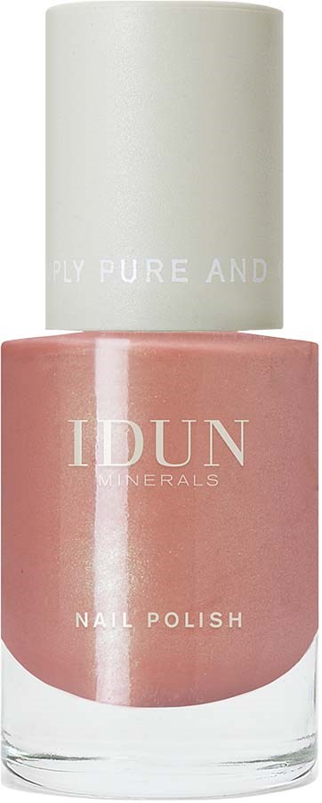A nail polish bottle with a beige cap and pinkish-beige colored liquid inside.