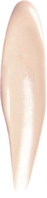 A tall, narrow, beige makeup sponge with a rounded top and pointed bottom.