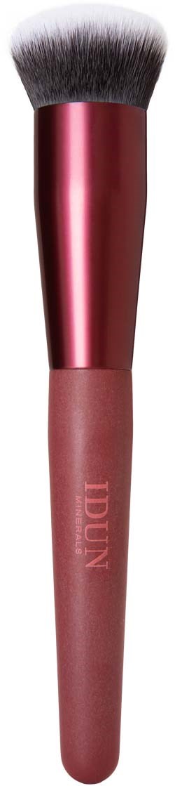 A makeup brush with a pink handle and a fluffy white and gray bristle head.