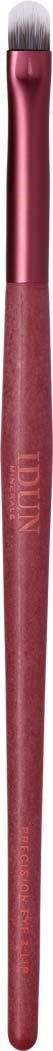 A pink makeup brush with a soft bristle top and a sleek handle. It is tall and slender. The background is black.