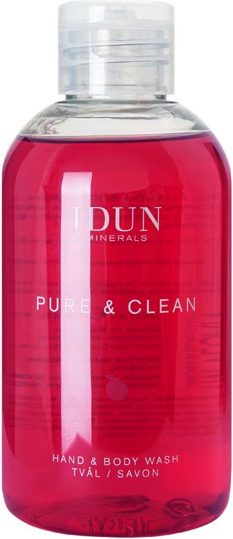 A red hand and body wash bottle with a clear cap, labeled "DUN MINERALS PURE & CLEAN".