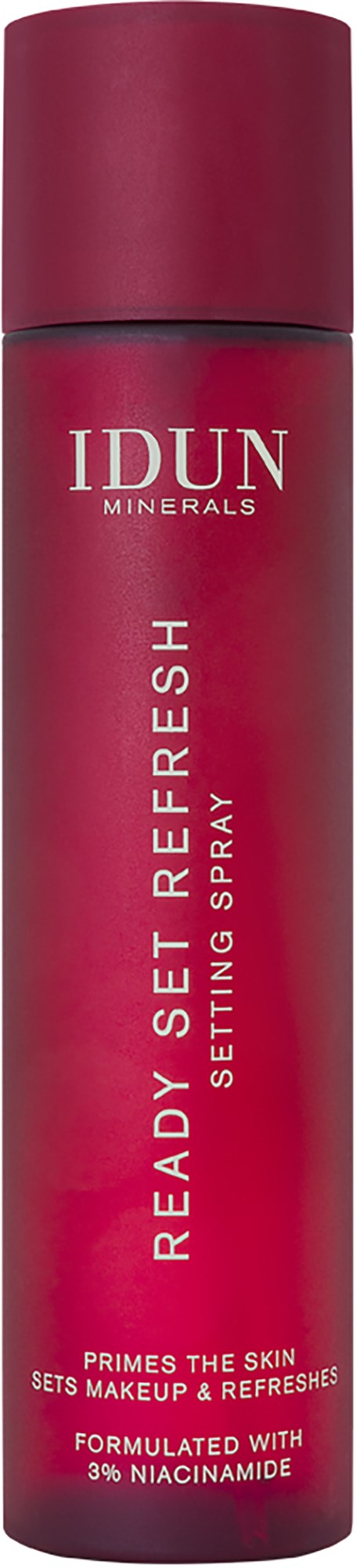 Eine lange, rosafarbene Sprühflasche mit der Aufschrift IDUN Minerals, Ready Set Be Fresh, zum Fixieren von Make-up und Auffrischen der Haut.