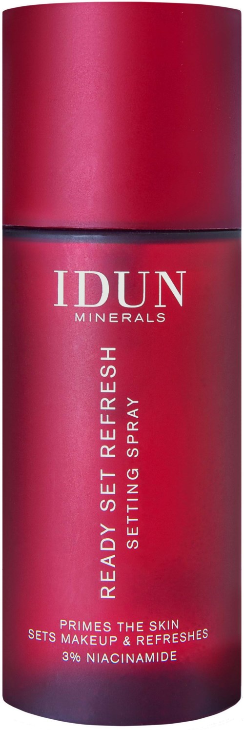 Rote Spraydose mit IDUN Minerals Fixierspray, betont Hautvorbereitung und Frische, enthält 3% Niacinamid.