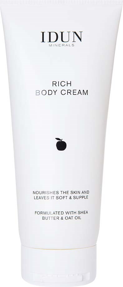 White tube of body cream with a small black fruit icon and text about nourishing and moisturizing.
