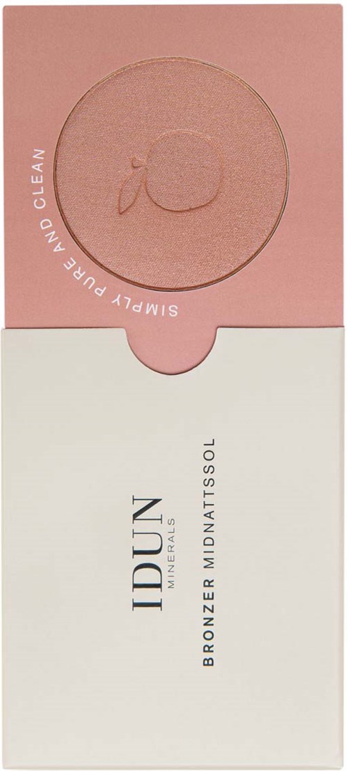 Ein Make-up-Produkt namens IIDUN Bronzer Midnattssol in einer pinken und weißen Schachtel mit einem runden Behälter.