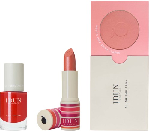 Lipstick is shown with a nail polish and blush in pink tones, all branded IDUN Minerals.