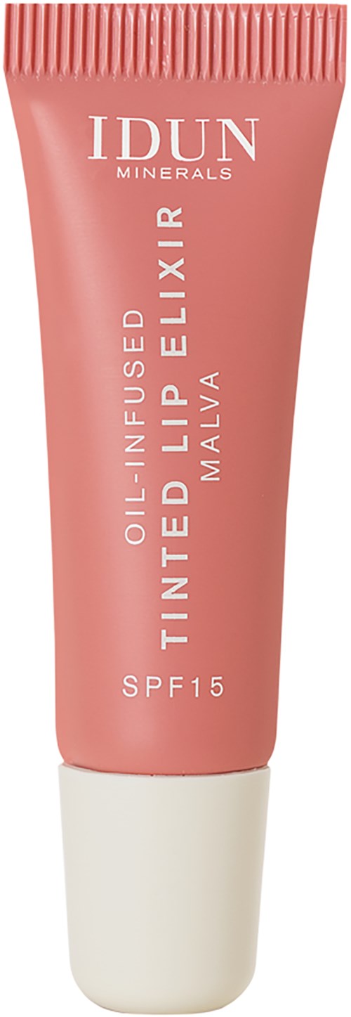 A pink tube of skincare product with white cap, labeled 'IDUN Minerals', tea, and SPF 15 sun protection.