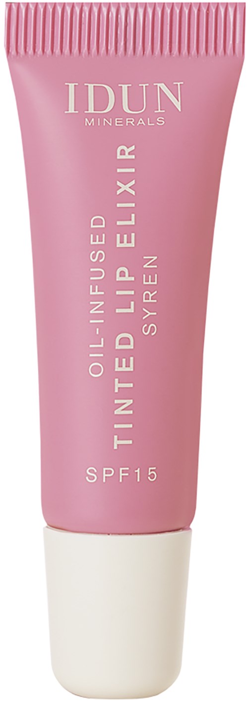 A pink tube of IDUN Minerals oil-infused tinted lip balm with SPF 15. The text describes it as a lip balm and serum.