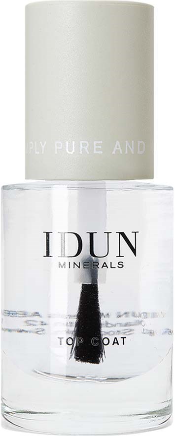 A clear nail polish bottle with a white cap, labeled 'IDUN MINERALS TOP COAT' underneath.