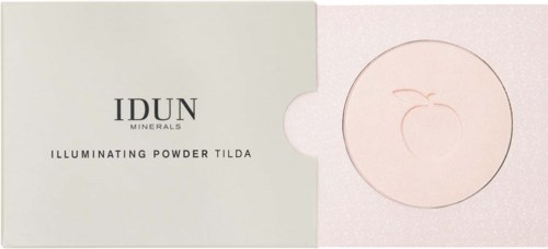 Packaging for IDUN Minerals illuminating powder, light-colored box with a round window and peach logo.