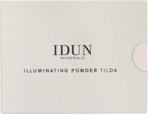 A white box with black text for IDUN Minerals illuminating powder, Tilda. Simple and clean design.