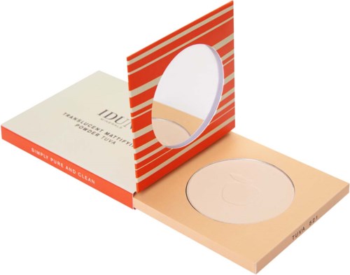 A compact mirror case with a red striped cover and a circular mirror inside. The case is on a white background.