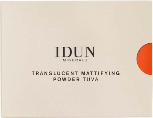 The image shows a box of IDUN Minerals translucent mattifying powder with a red dot on the right side.