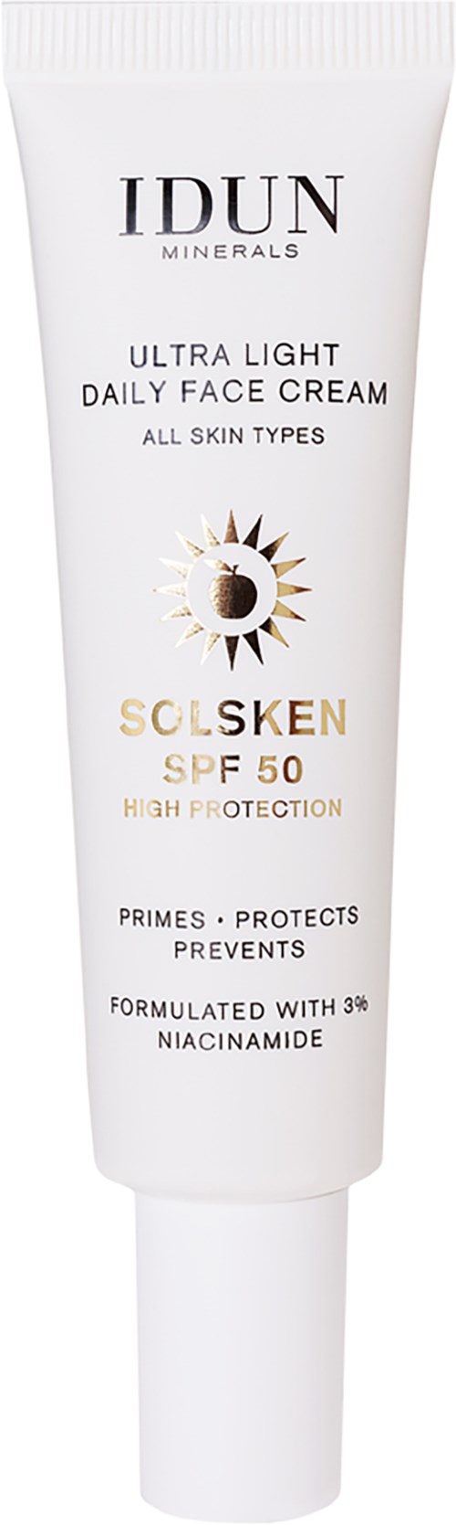 The tube shows IDUN Minerals Sunscreen SPF 50, for all skin types, with niacinamide for protection and prevention.