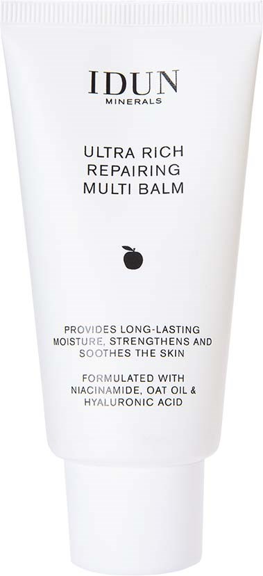 White tube labeled IDUN Minerals with black text, describing a rich repair multi balm for skin.